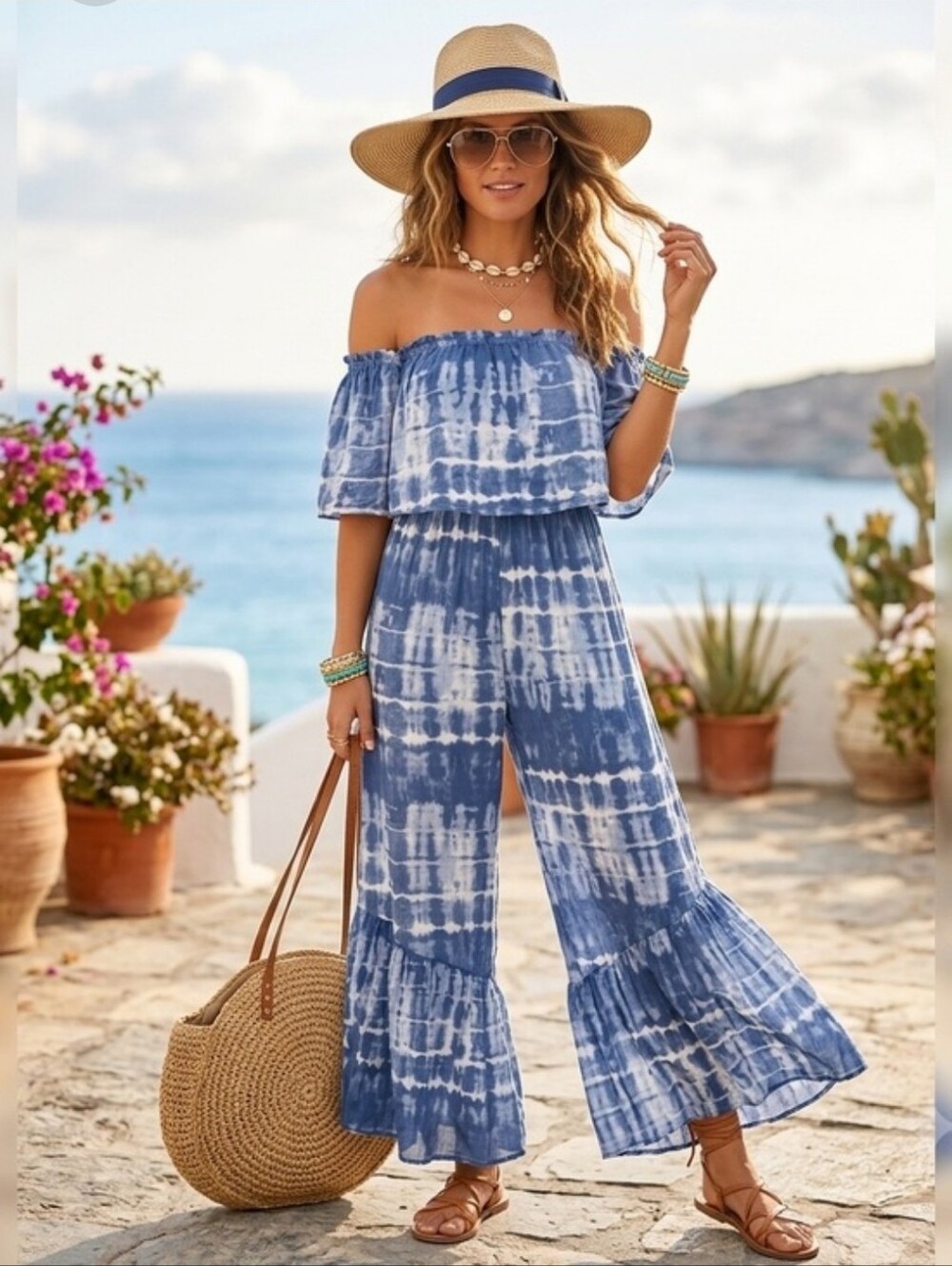 Japna Strapless Blue Tie-Dye Wide-Leg Jumpsuit